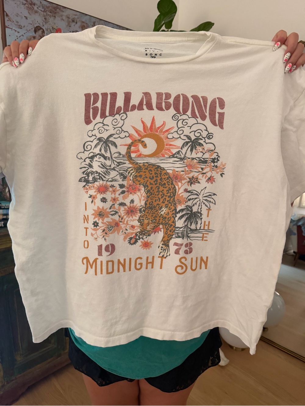 Billabong White Tee with Sunset Leopard Graphic